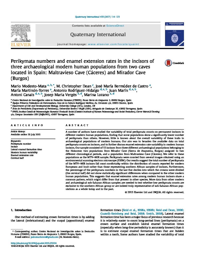 Perikymata numbers and enamel extension rates in the incisors of three archaeological modern human populations from two caves located in Spain: Maltravieso Cave (Cáceres) and Mirador Cave (Burgos)