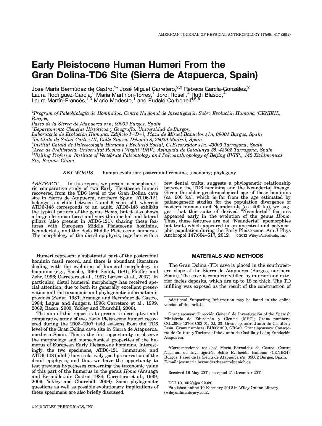 Early Pleistocene human humeri from the Gran Dolina-TD6 site (Sierra de Atapuerca, Spain)
