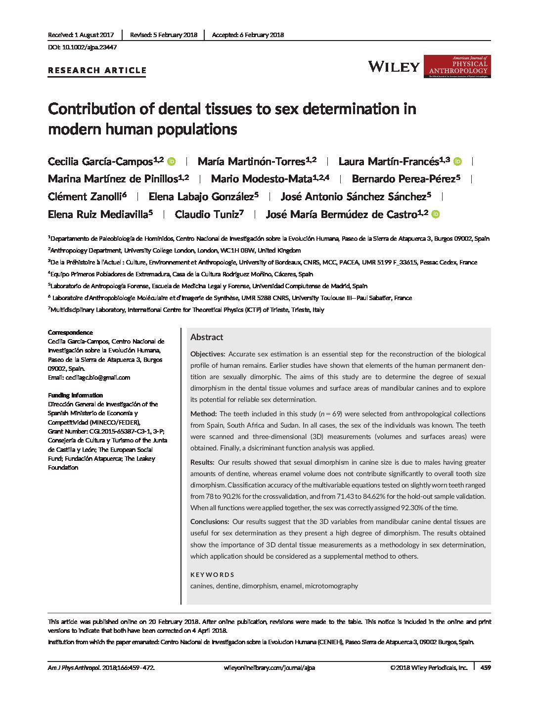 Contribution of dental tissues to sex determination in modern human populations